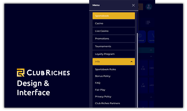 club riches casino and betting design and interface