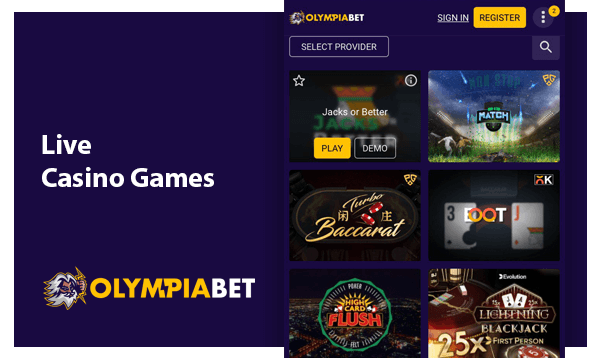 List with Live Casino Games in the Olympia Bet App