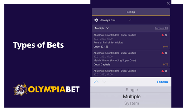 List with the most popular Types of Bets at Olympiabet app